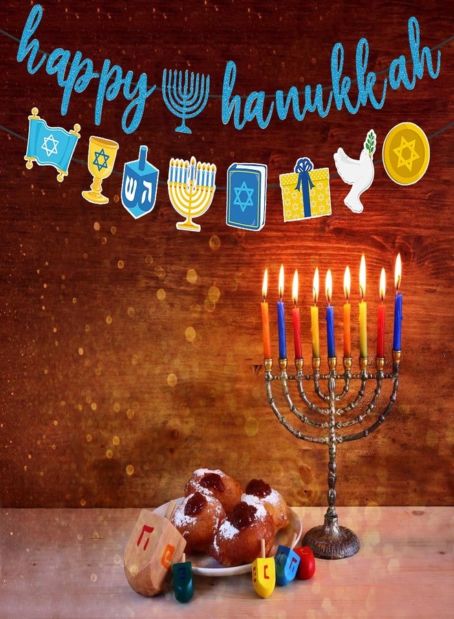 Lucleag 2Pcs Happy Hanukkah Banner, Menorah Pigeon Star Chanukah Banner for Hanukkah Party Supplies, Chanukah Photo Props Backdrops for Hanukkah Fireplace Door Wall Decorations - Image 3